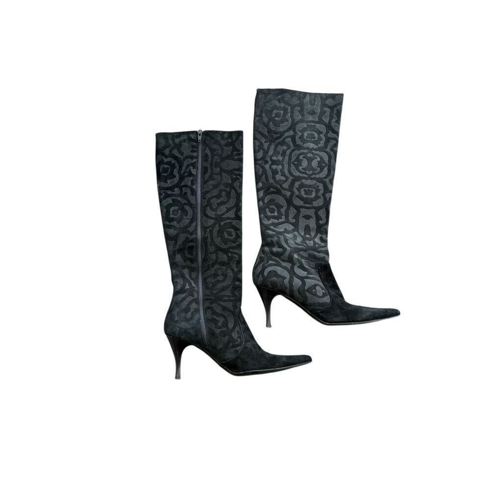 Cole Haan City Italian Suede Knee High Boots Black Floral Embossed Pointed Toe 8